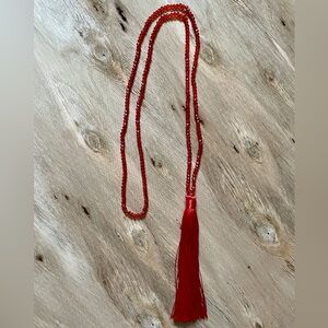 Beaded Necklace with Tassel - Red
